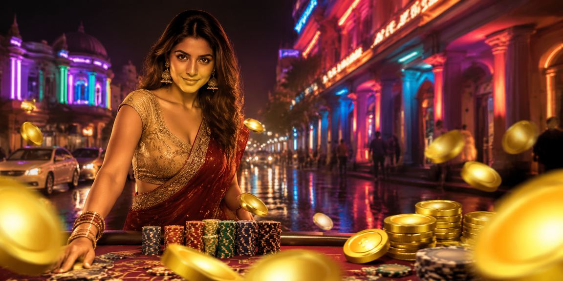 Night neon lights in Delhi with youth playing Andar Bahar and Teen Patti online